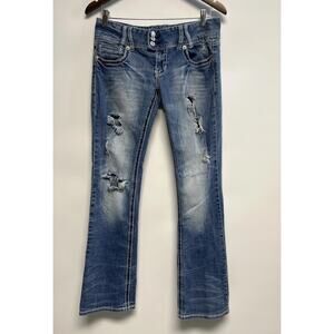 Women’s Y2K 90s Low rise Flare Boot Jeans Sz 9 Distressed Holes 2000s 32x32